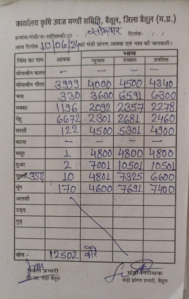 Today Betul Mandi Bhav : कृषि उपज मंडी बैतूल में आज 10 जून 2024 के भाव